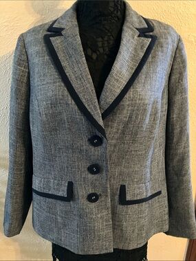 Classic Grey Blazer with Navy Trim - Women's Jacket